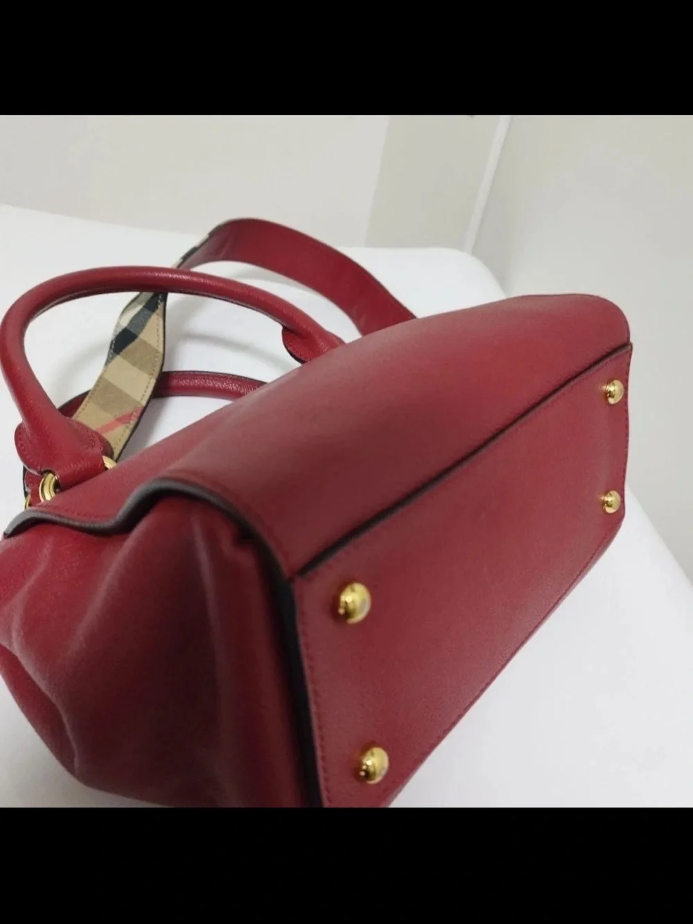Burberry Burgundy Leather Satchel with Check Shoulder Strap